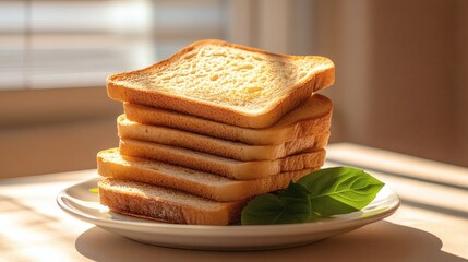 Stack of slices of toast on a white plate with green leaves.