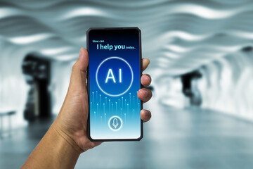 
Hand holding smartphone with AI virtual assistant interface on screen
