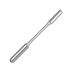 Silver metallic laboratory spatula with a flat end and a rounded end, a versatile tool for scooping and mixing substances in scientific settings.