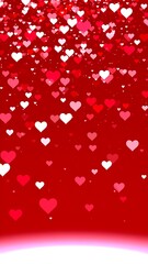 Romantic hearts falling on red background