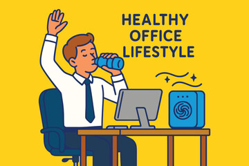 Man drinking water at desk promoting healthy office lifestyle and hydration
