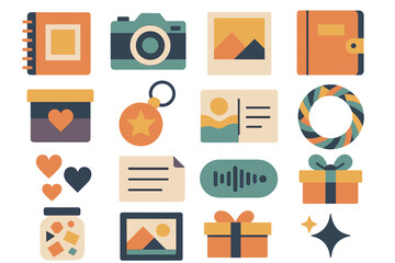 Memories Icon Set. Memories set of icons in abstract flat : scrapbook, photo camera, polaroid picture, diary, keepsake box, souvenir keychain,