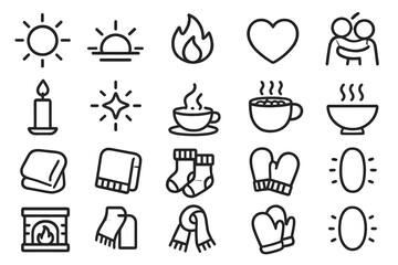 Cozy Warmth Icons. Warmth icons in outline style: sun, sunrise, sunset, fire flame, candle, glowing star, heart, hug figures, blanket, hot tea cup,