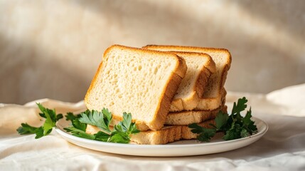 Stack of slices of toast on a white plate with green leaves.