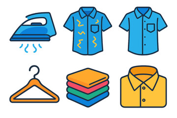Minimalist Clothing Care Icons. Clothing care in modern flat vector : steam iron, wrinkled shirt, smooth shirt, hanger, folded stack, collar