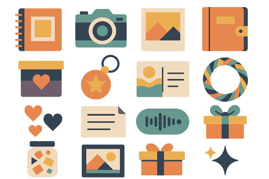 Memories Icon Set. Memories set of icons in abstract flat : scrapbook, photo camera, polaroid picture, diary, keepsake box, souvenir keychain,