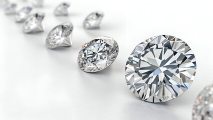 Various cut diamonds laying on white background along the corner of the image. Close-up view, 3D rendering illustration