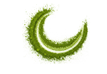 Vibrant emerald green matcha tea powder dynamically dispersing in a curved streak, on a transparent background with copy space, concept of natural health ingredient