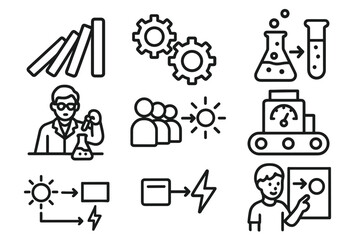 Dynamic Chain Reactions. Situations icons in outline style: domino run falling, gears turning together, chemical reaction illustration, scientist