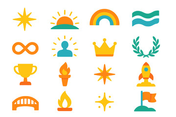 Icons of Achievement. Themes of service in modern flat vector : guiding star, sunrise horizon, rainbow arc, harmony wave, infinity loop, glowing aura,