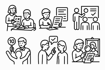Review and Feedback Icons. Situations icons in outline style: teacher grading paper, student reviewing draft, editor marking notes, team evaluating