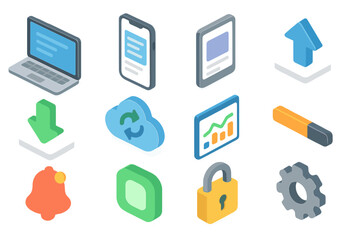 Digital Icon Set. Digital blog post set icons in modern isometric flat : laptop screen, smartphone with text, tablet, upload arrow, download arrow,