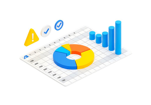 3d data visualization with pie chart and bar graph isolated on transparent background
