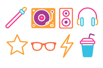 Neon Rave Icons. Rave vibes in modern flat vector : glow stick, DJ turntable, speaker, headphones, neon star, sunglasses, lightning bolt, drink cup.