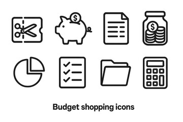 Budgeting Icon Set. Budget shopping icons in outline style: coupon clip, piggy bank, budget sheet, coin jar, pie chart, checklist, folder, calculator