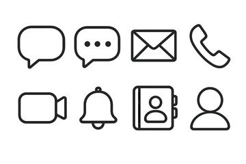 Messaging Icon Set. Messaging icons icons in outline style: speech bubble, chat dots, envelope, phone, video call, bell notification, contact book,