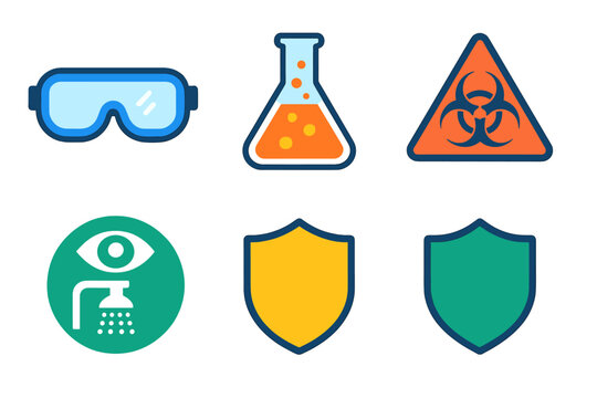 Lab Safety Icons. Lab essentials in modern flat vector : goggles, conical flask, safety symbol, hazard triangle, eye wash, shield