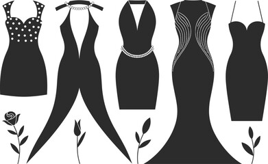 black dress silhouette set with floral accents, fashion vector illustration, stylish women’s clothing design, formal wear icons, editable outfit templates for stock