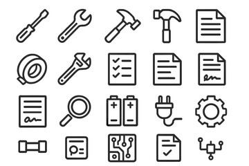 Fototapeta premium Utility Tools Icons. Utility tools icons in outline style: screwdriver, wrench, hammer, toolbox, tape roll, calibration tool, checklist sheet,