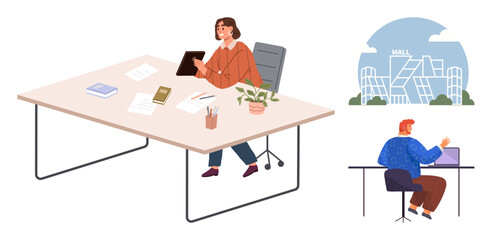 Office workers at desks using gadgets and paper documents. View of a mall illustration nearby. Ideal for teamwork, remote work, shopping, modern lifestyle, productivity, cityscape, simple flat