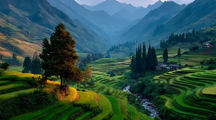 Stunning mountain rice terraces with golden light high resolution picture