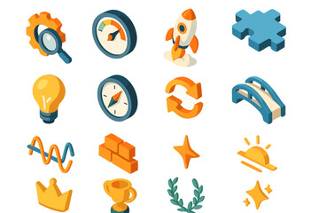 Isometric Optimization Icons. Optimization themes set icons in modern isometric flat : gear with magnifier, speedometer, rocket launch, puzzle piece,