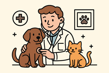 Friendly veterinarian examining a happy dog and a cute cat with stethoscope