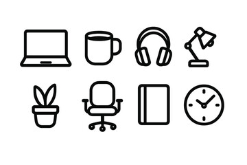 Home Office Icons. Home office essentials icons in outline style: laptop, coffee mug, headphones, desk lamp, notebook, plant pot, office chair, clock