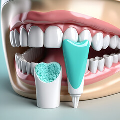 Fluoride or toothpaste particle coating gums and root of teeth to protect decay and gums disease. 3D rendering.