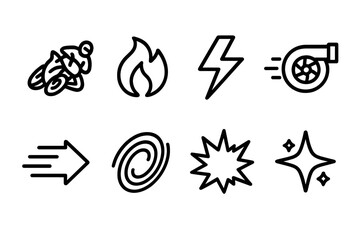 Adrenaline Icon Set. Adrenaline set icons in outline style: motorbike lean, flame, zap mark, turbo boost, fast arrow, shockwave, explosion burst,