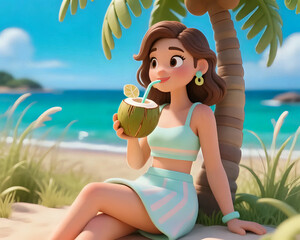 Playful illustration of a young woman sitting under a palm tree on a tropical beach, happily drinking fresh coconut water, representing summer, vacation, and tropical lifestyle.