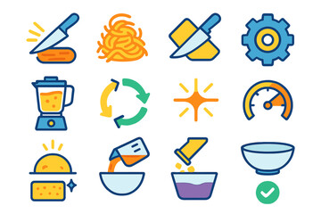 Kitchen Action Icons. Process actions in modern flat vector : slicing motion, shredding swirl, chopping icon, grinding gear, blending whirl, mixing