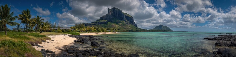 Obraz premium A tranquil beach scene showcases a dramatic mountain backdrop against a vibrant turquoise sea.