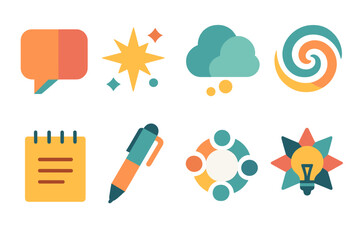 Idea Icons. Creative ideas set of icons in abstract flat : speech bubble, spark, thought cloud, brainstorming swirl, notepad, pen, teamwork circle,