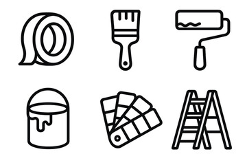 Art Tools Icons. Painting tools icons in outline style: painter’s tape roll, paintbrush, paint roller, paint bucket, color palette, ladder