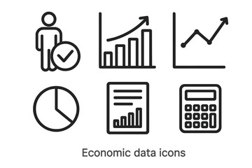 Economic Data Icons. Economic data icons in outline style: unemployment rate, bar chart, line graph, pie chart, report sheet, calculator
