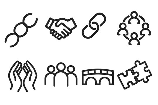 Connection Icons Display. Connection icons icons in outline style: bond symbol, handshake, chain link, unity circle, partnership hands, group avatars