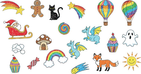 Vector art of collection of colorful cartoon drawings of fantasy creatures, objects, and holiday symbols