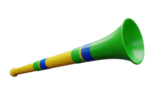 Brightly colored vuvuzela horn for sports events and celebrations isolated on transparent background