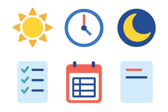 Modern Daily Icons. Daily layout in modern flat vector : morning sun, midday clock, evening moon, checklist, planner sheet, task slot