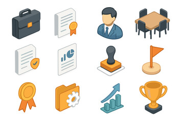 Office Admin Icons. Business admin access set icons in modern isometric flat : briefcase, contract paper, supervisor figure, meeting table, policy