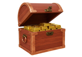 Treasure chest with gold bars isolated, wooden box full of golden bullion for wealth and prosperity concept PNG
