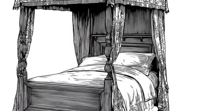 Elegant, antique four-poster bed with a canopy, depicted in intricate detail.