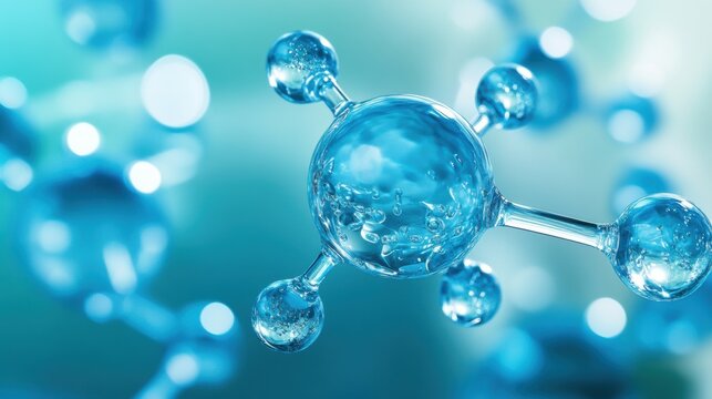 Hyaluronic acid molecules. Hydrated chemicals, molecular structure and blue spherical molecule. Microscope h2o water molecules
