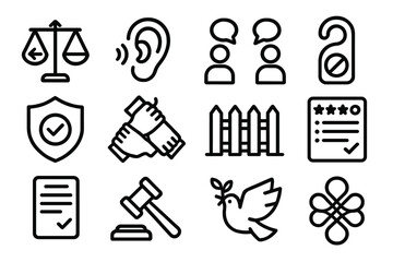 Obraz premium Workplace Respect Icons. Respectful work environment icons in outline style: balance arrows, listening ear, two people talking, do not disturb sign,