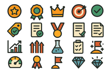 Quality Icons. Quality assurance set of icons in abstract flat : star badge, ribbon seal, approval crown, target icon, validated product tag,