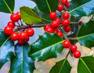 Close-up holly berries and leaves