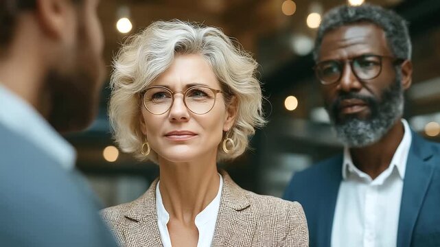 Office Dynamics Conflict Resolution. Illustrate a diverse team mediating a workplace disagreement. Focus on respectful body language and collaborative problem-solving in a modern o