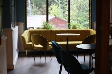 A comfortable living room setup with a couch and table