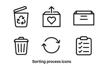 Organized Icons Set. Sorting process icons in outline style: recycle bin, donation box, keep box, trash can, arrows cycle, checklist